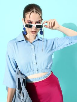 KASSUALLY - Elegant Blue Solid Midriff Flossing Shirt