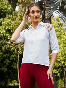 KASSUALLY - Embroidered Mesh Yoke Solid Shirt