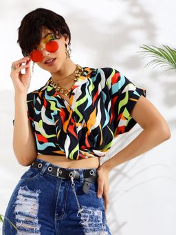 KASSUALLY - Multi Print Crop Shirt with Collar Neck