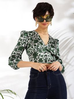 KASSUALLY - Green Floral V-Neck Smoking Waist Length Crop Top