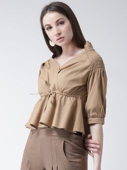 KASSUALLY - Women Khaki Solid Cinched Waist Top