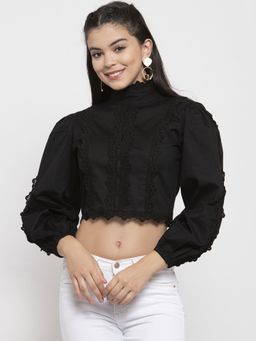 KASSUALLY - Women Black Self Design Crop Top