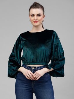 KASSUALLY - Women Green Solid Velvet Crop Top