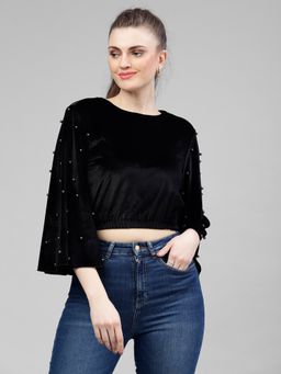 KASSUALLY - Women Black Solid Crop Top