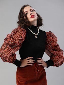 KASSUALLY - Black Animal Printed Puff Sleeves Fitted Top