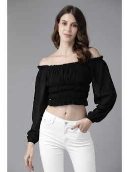 KASSUALLY - Black Off-Shoulder Smocked Georgette Tank Crop Top
