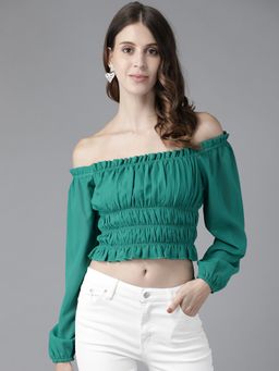 KASSUALLY - Green Off-Shoulder Georgette Tank Crop Top