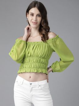 KASSUALLY - Lime Green Off-Shoulder Smocked Georgette Tank Crop Top