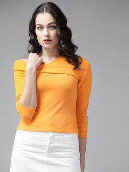 KASSUALLY - Women Orange Solid One Shoulder Fitted Top