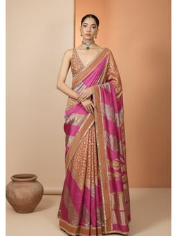 Neha Khullar - Pink Handloom Silk Printed Pre Drape Saree and Stitched Blouse Set