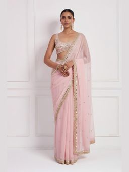 Neha Khullar - Pink Hand Embroidered Mirror Work Pre Drape Saree and Stitched Blouse Set