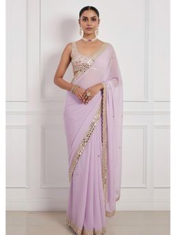 Neha Khullar - Lavender Hand Embroidered Mirror Work Pre Drape Saree and Stitched Blouse Set