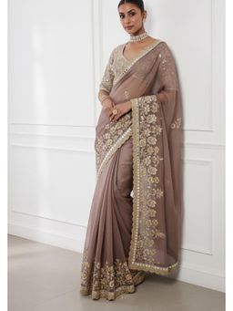 Neha Khullar - Mocha Hand Embroidered Pre Drape Saree and Blouse Set
