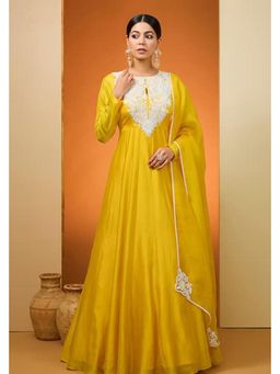 Neha Khullar - Yellow Silk Chanderi and Pure Silk Hand Embroidered Anarkali Set