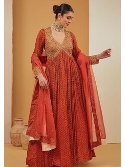 Neha Khullar - Orange Viscose Chinon Print Geometric Jaal V Anarkali With Dupatta For Women