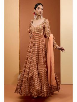 Neha Khullar - Beige Viscose Chiffon Printed and Embroidered Anarkali Set