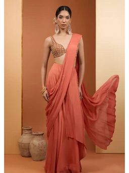Neha Khullar - Rust Viscose Chinon Pre Drape Saree and Stitched Blouse Set