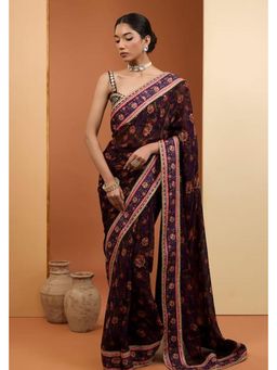 Neha Khullar - Purple Viscose Organza Printed Pre Drape Saree & Stitched Blouse with Underskirt