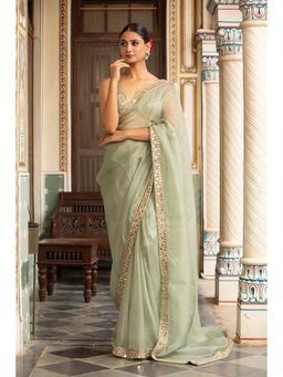 Neha Khullar - Green Organza Pre Drape Mirror Work Saree and Stitched Blouse with Peticoat Set