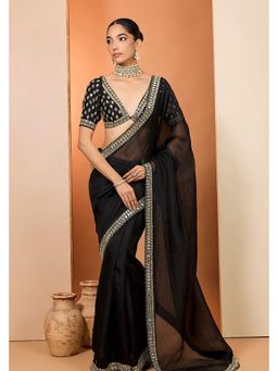 Neha Khullar - Black Organza Pre Drape Mirror Work Saree and Stitched Blouse with Peticoat Set