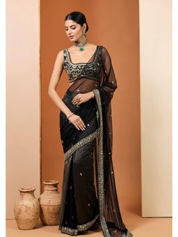 Neha Khullar - Black Silk Tissue Net Embroidered Pre Drape Saree and Stitched Blouse Set