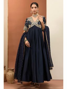 Neha Khullar - Blue Chanderi Silk Hand Embroidered Anarkali Set