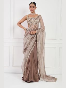 Neha Khullar - Mocha Muse Mirror Work Pre Drape Saree and Stitched Blouse Set