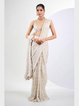 Neha Khullar - Printed Chinon Chiffon Ivory Pearl Pre Draped Saree With Stitched Blouse