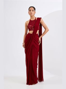 Neha Khullar - Red Pre Draped Saree Set with Heavily Embellished Blouse
