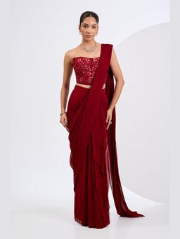 Neha Khullar - Red Pre Draped Saree Set with Heavily Embellished Corset Blouse
