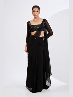 Neha Khullar - Black Pre Draped Mirror Embellished Saree with Embroidered Blouse