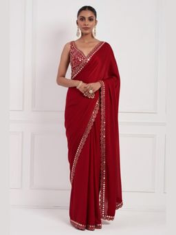 Neha Khullar - Red Mirror Work Pre Drape Saree and Stitched Blouse Set