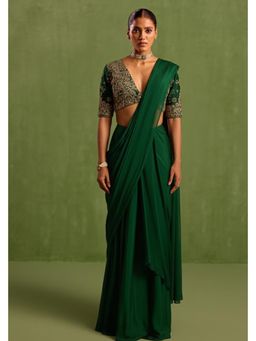 Neha Khullar - Green Pre Drape Saree and V-Neck Stitched Blouse Set