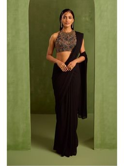 Neha Khullar - Black Pre Drape Saree and Halter Neck Stitched Blouse Set