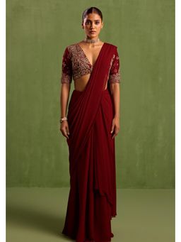 Neha Khullar - Maroon Pre Drape Saree and Embroidered Stitched Blouse Set