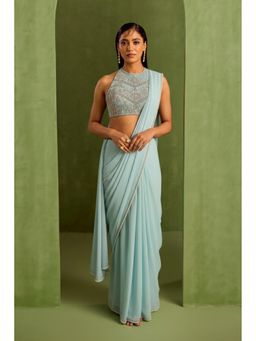 Neha Khullar - Blue Pre Drape Saree and Halter Neck Stitched Blouse Set