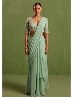 Neha Khullar - Green Pre Drape Saree and V-Neck Stitched Blouse Set