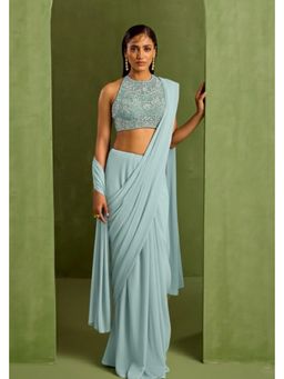 Neha Khullar - Blue Pre Drape Saree and Embroidered Stitched Blouse Set
