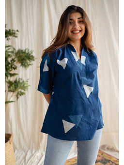 The Indian Ethnic Co. - Blue Straight Hand Block Printed Cotton Top