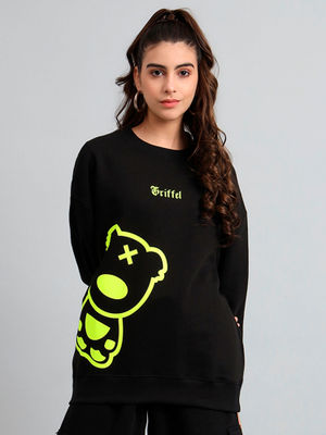 Buy Griffel Womens Black Teddy Print Oversized Round Neck Cotton