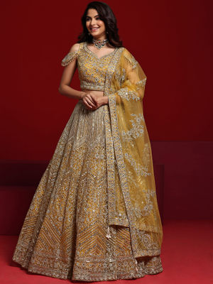 Libas Art Mustard Embellished Tissue Saree With Unstitched Blouse Piece