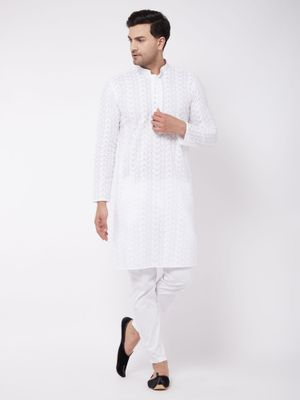 White Full Sleeves Plain Dyed Mens Cotton Kurta Pajama at Best Price in
