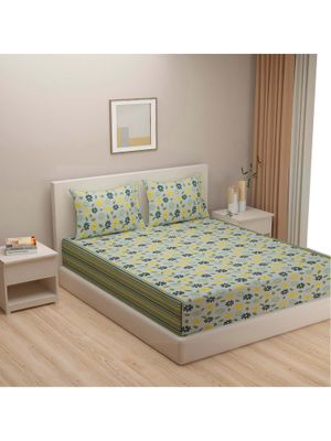 Swayam - Floral design 144 TC Pure Cotton Double Bedsheet with 2 Pillow Covers,Green,Yellow (Queen)