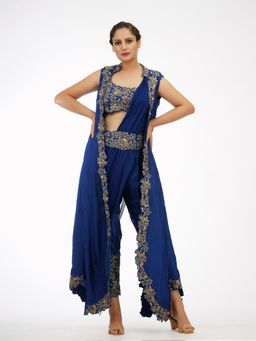 Shruti S - Navy Blue Draped Trouser Saree (Set of 5)