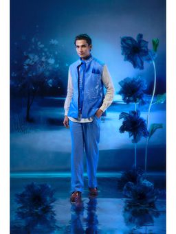 MANDIRA WIRK - Blue Printed Jacket with Short Kurta and Pant