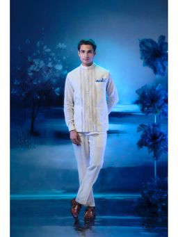 MANDIRA WIRK - Ivory Pintuck Nehru Jacket with Short Kurta and Pant