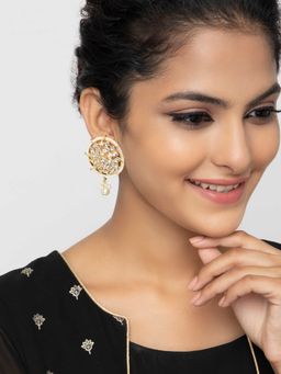 Indya - Gold Circular Beaded Kundan Stud Earrings