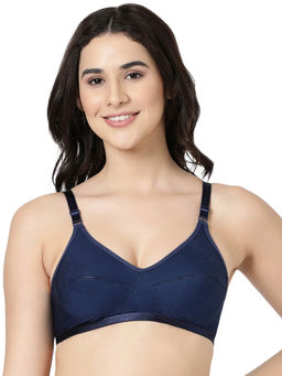 BLOSSOM - Woven Cotton Medium Coverage Navy Blue Bra with Encircled Side Support