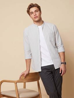 Peter England - Men Grey Stripe Full Sleeves Casual Shirt