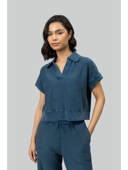 NeceSera - Blue Textured Terry Polo Top